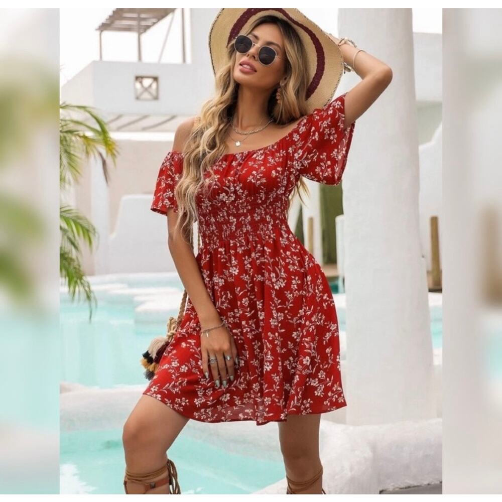 Vacay Floral Off Shoulder Shirred Waist Dress - Picture 2 of 11